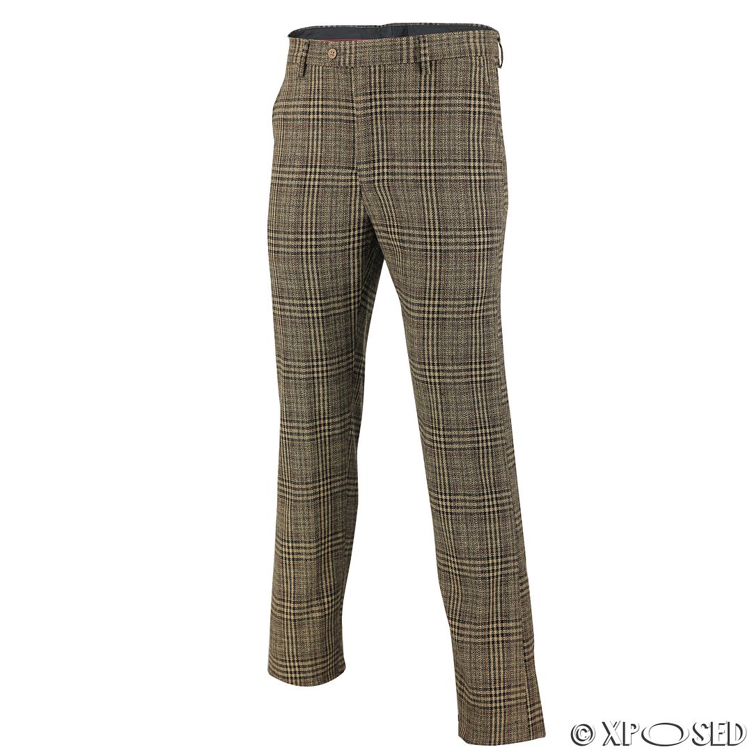 Mens Brown Grey Herringbone Tweed Checks Slim Fit Trousers Vintage